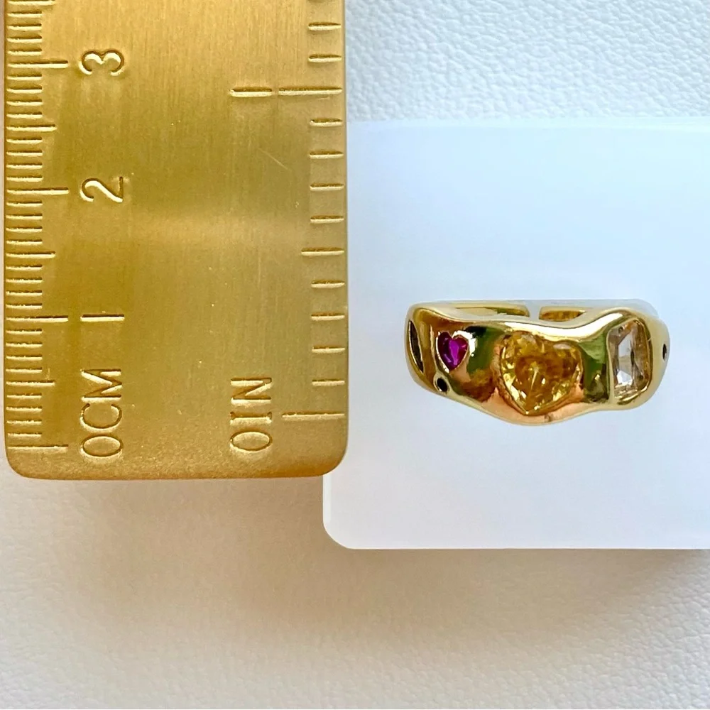 Gold-Tone Heart Gemstone Ring with Pink and Yellow Accents